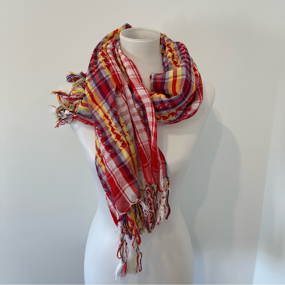 Lightweight red plaid scarf.